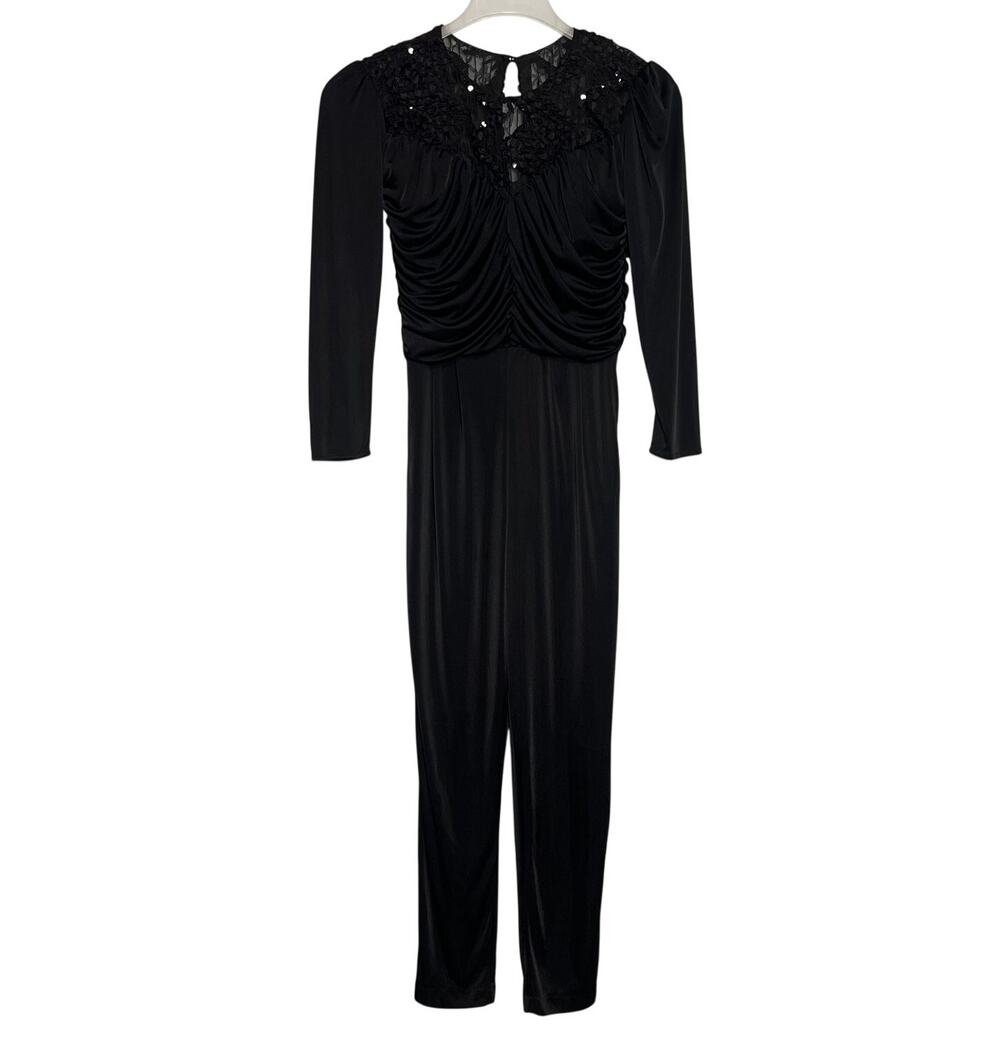 Vintage 80s Black Shirred Disco Jumpsuit New Wave Sequins Lace Party Size Small